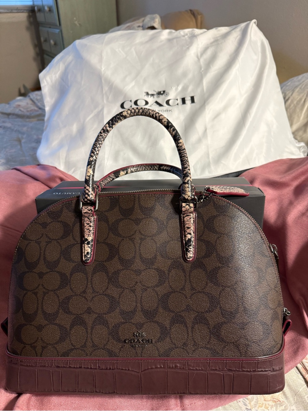 COACH Signature Dome Satchel in Brown with Pink Accents